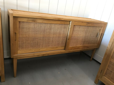 Long Wooden and Natural Fiber Woven Sideboard with Two Sliding Doors
