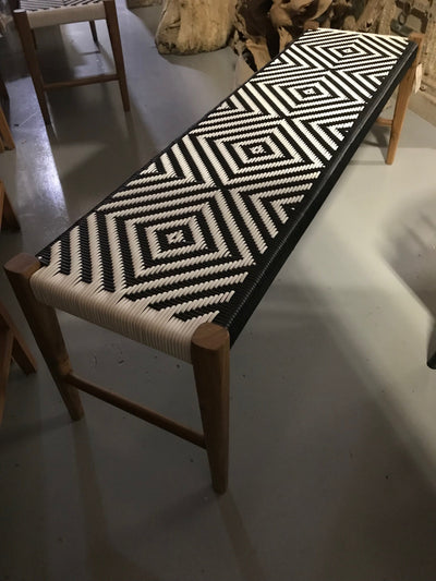 Synthetic Black and White Leather and Unfinished Wooden Long Bench