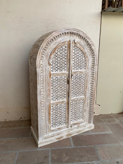 White Washed Curved Wooden Almirah 2 Door Cabinet