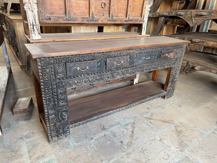 Matte Black Wooden Console Table with 4 Drawers