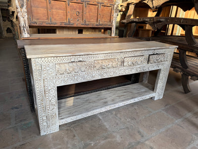 White Washed Wooden Console Table with 4 Drawers