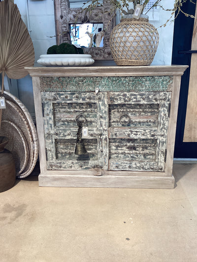 Small Carved Wood Cabinet White Wash with Green