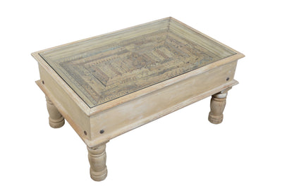 Carved Wooden Coffee Table with Glass Top