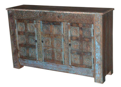 Blue and Brown Wooden Cabinet with Three Doors
