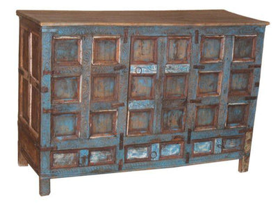 Blue and Brown Wooden Cabinet with Three Drawers and Three Doors