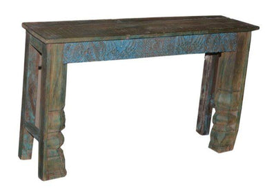 Blue, Green, and Brown Wooden Console Table with Carving