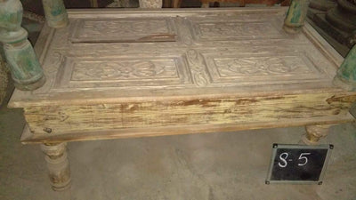 Light Colored Wooden Coffee Table with Door Carving