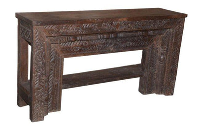 Wooden Console Table with Carving and Bar on Bottom