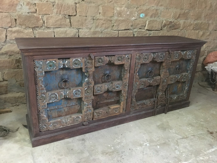 Wood Sideboard with (4) Carved Blue Doors