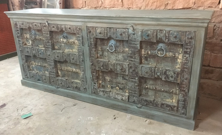 Light Wood Sideboard with Carved Blue Doors
