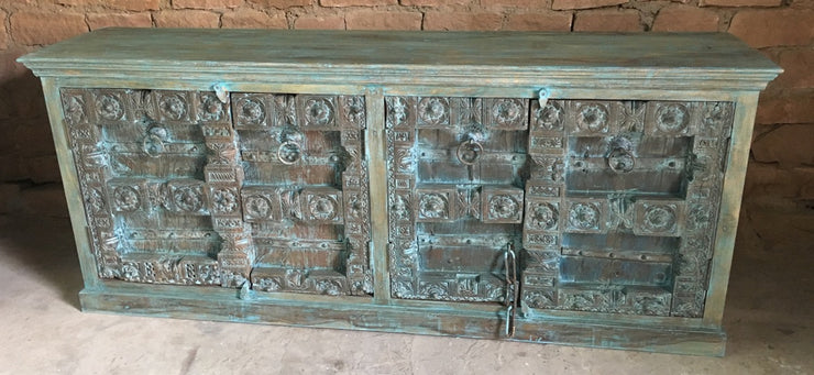 Wood Sideboard with Carved Blue Doors
