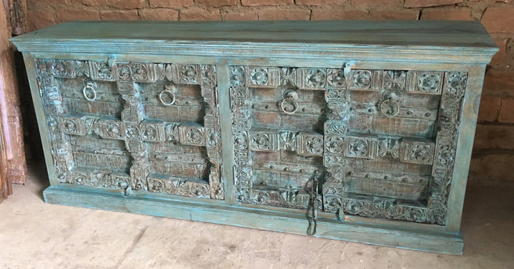 Wood Sideboard with (4) Carved Dark Blue Doors