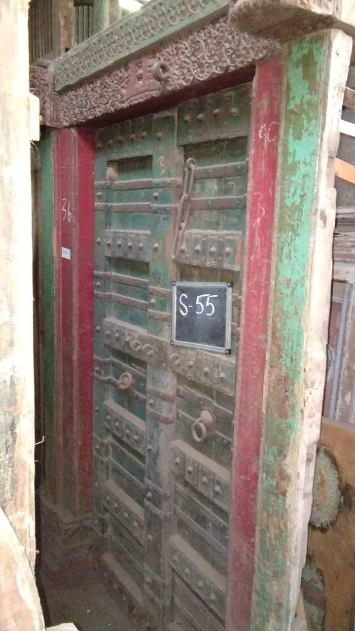 Red and Green Wooden Door with Frame