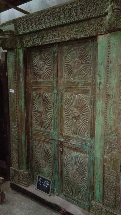 Large Green and Brown Wooden Door with Frame