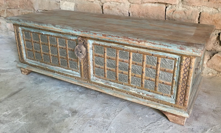Low Carved Wooden Trunk with Light Green