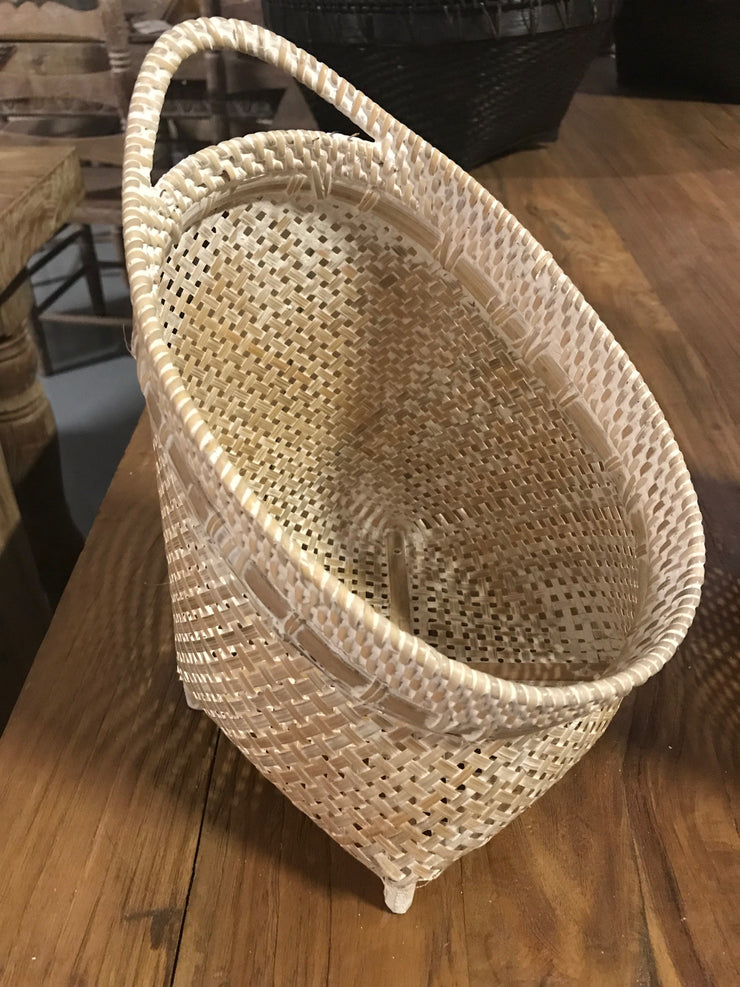 Tilted White Natural Bamboo Fiber Woven Basket - Small Size From Three Piece Set