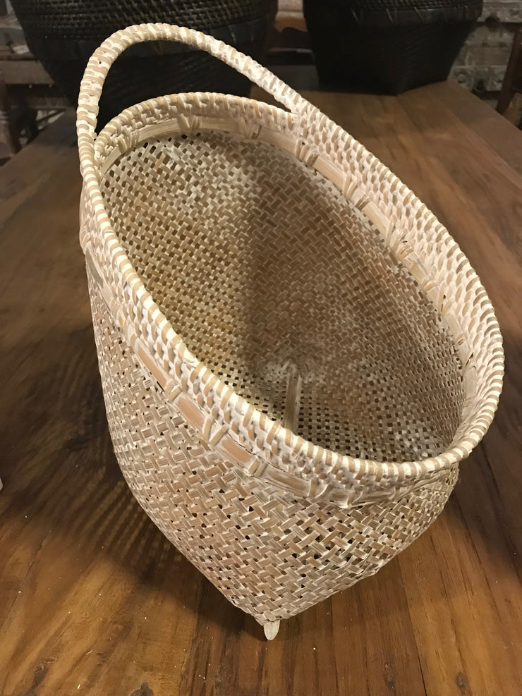 Tilted White Natural Bamboo Fiber Woven Basket - Medium Size From Three Piece Set