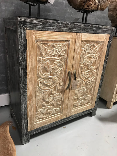 Black and Tan Wooden Sideboard with Carving and Two Doors