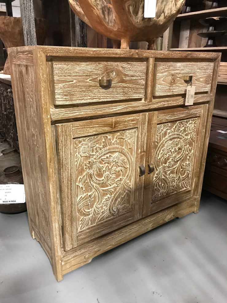 Tan Wooden Sideboard with Carving, Two Drawers, and Two Doors
