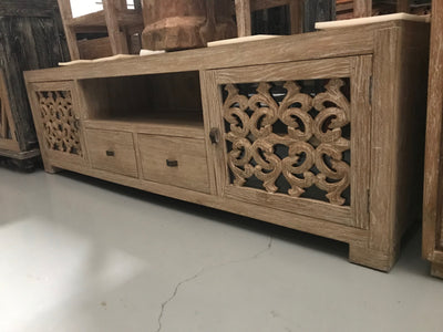 Wooden TV Stand with Carving, Two Drawers, Two Doors, and One Shelf