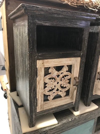 Wooden Nightstand with Carving, One Door, and One Shelf