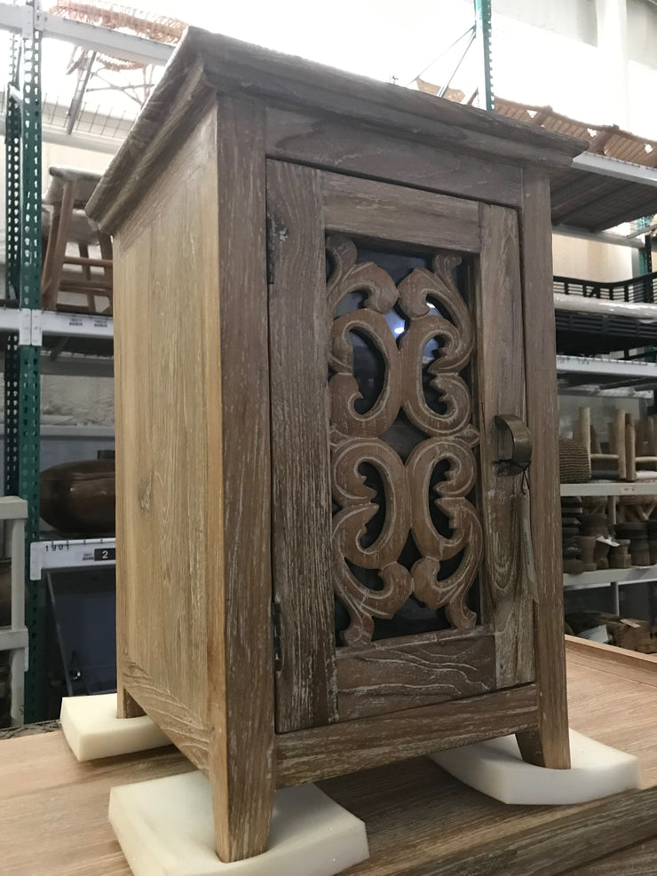Wooden Nightstand with Carving and One Door