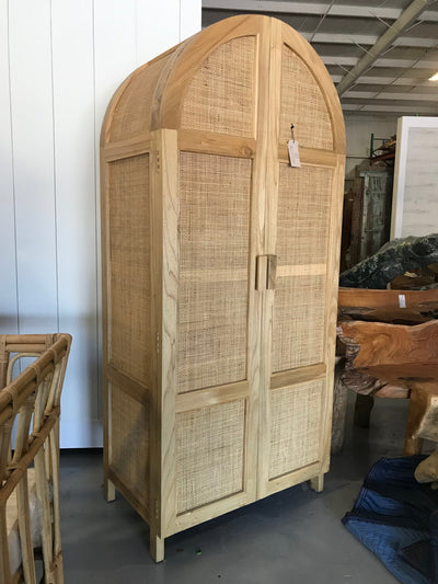 Wooden and Natural Fiber Woven Oval Cabinet with Two Doors