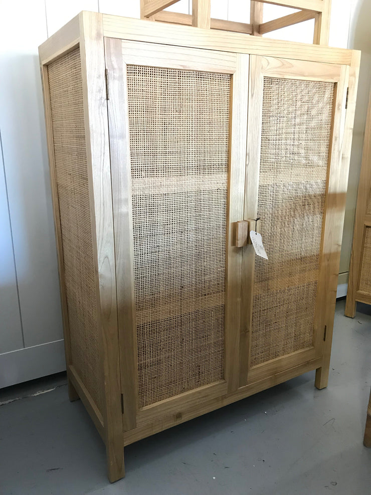 Wooden and Natural Fiber Woven Rectangular Cabinet with Two Doors