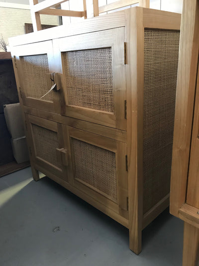 Wooden and Natural Fiber Woven Cabinet with Four Doors