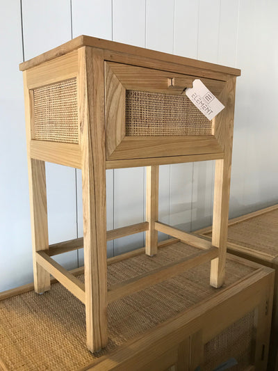 Wooden and Natural Fiber Woven Side Table with One Drawer