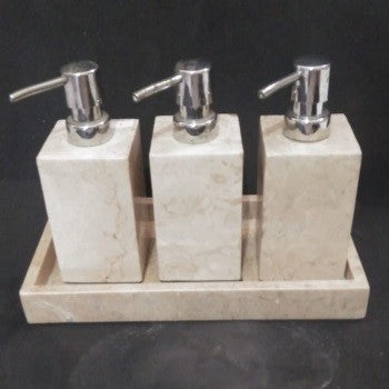 3 White Stone Dispensers with Tray