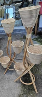 Wooden Stand with 3 Rattan Pots