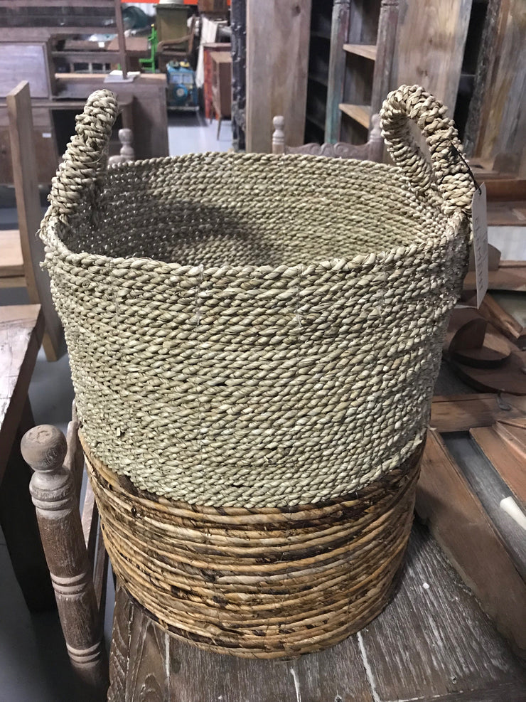Round Natural Banana and Seagrass Fiber Woven Basket - Medium Size from Three Piece Set
