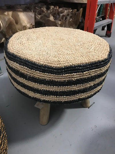 Black and Bleached Natural Fiber Woven Stool