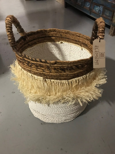 Round Natural Banana Fiber Woven Basket with Tassel - Small Size from Three Piece Set