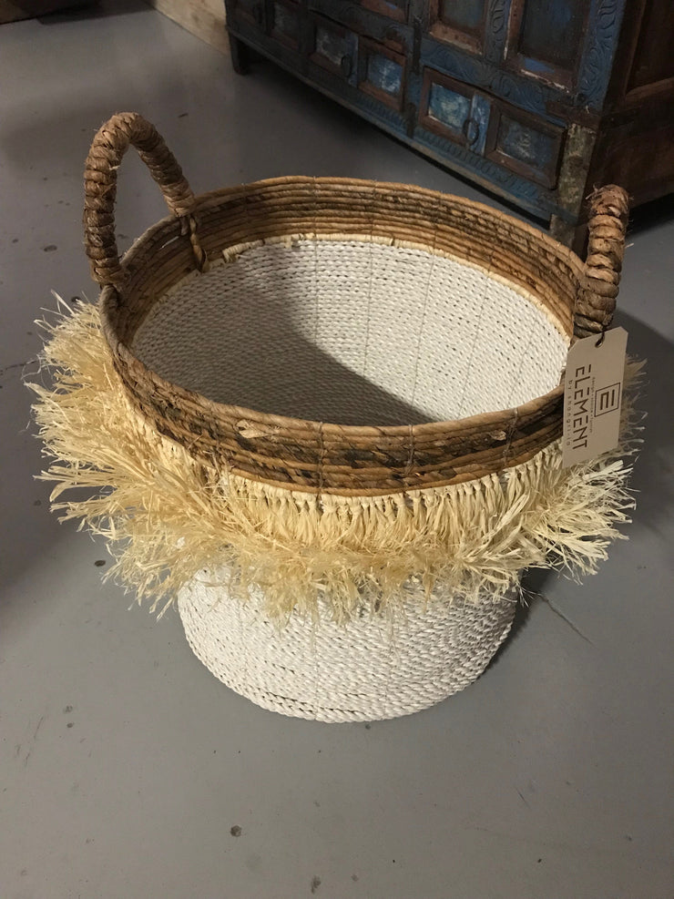Round Natural Banana Fiber Woven Basket with Tassel - Medium Size from Three Piece Set