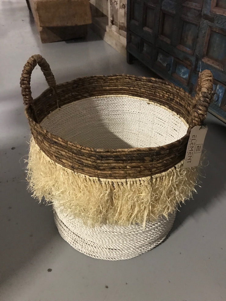 Round Natural Banana Fiber Woven Basket with Tassel - Large Size from Three Piece Set
