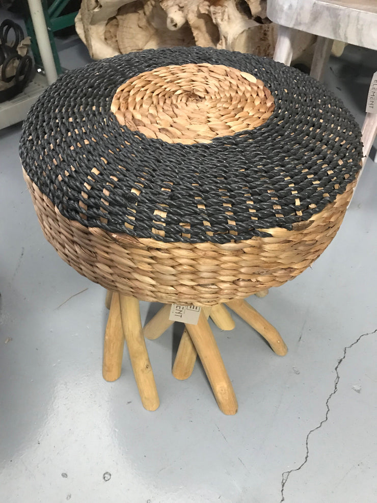 Black Natural Seagrass Fiber Woven Stool with Octopus Legs