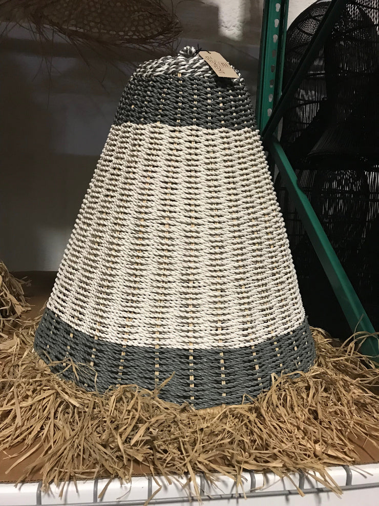 Grey and White Natural Fiber Woven Lamp Shade with Tassel