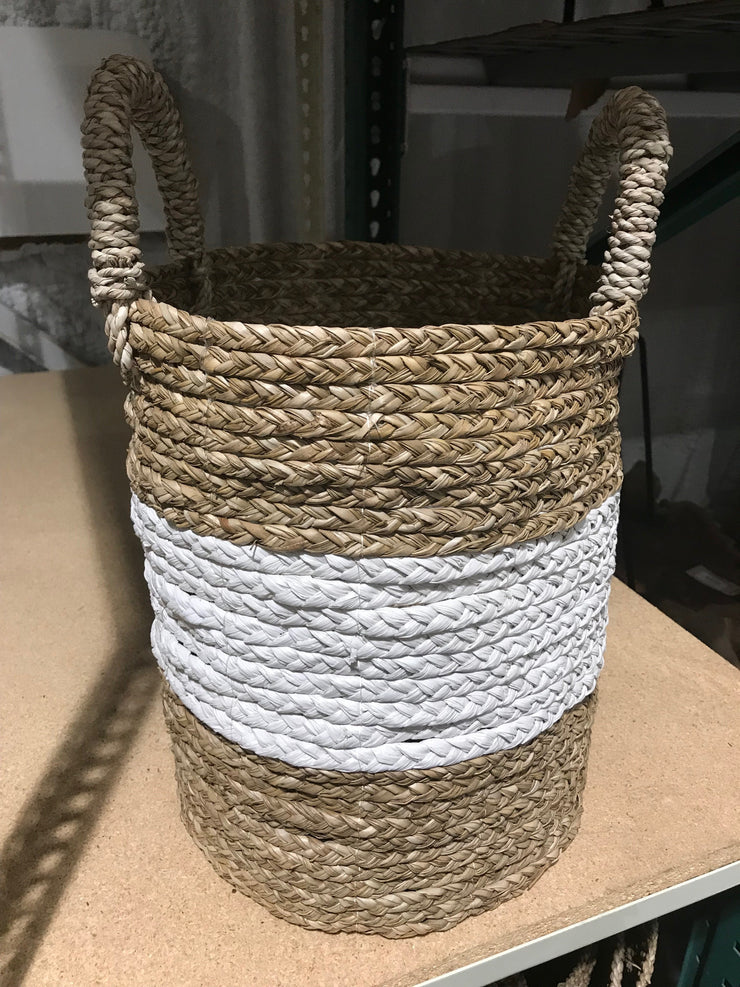 White and Tan Natural Fiber Woven Laundry Basket - Small Size from Four Piece Set