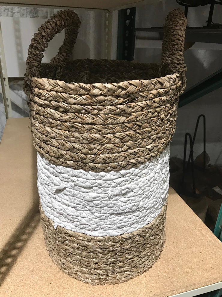 White and Tan Natural Fiber Woven Laundry Basket - Medium Size from Four Piece Set