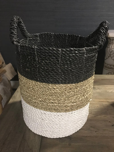 Black, White, and Tan Natural Fiber Woven Laundry Basket - Small Size from Four Piece Set