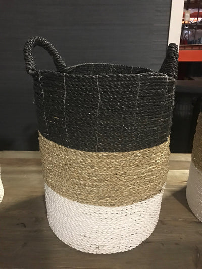 Black, White, and Tan Natural Fiber Woven Laundry Basket - Medium Size from Four Piece Set