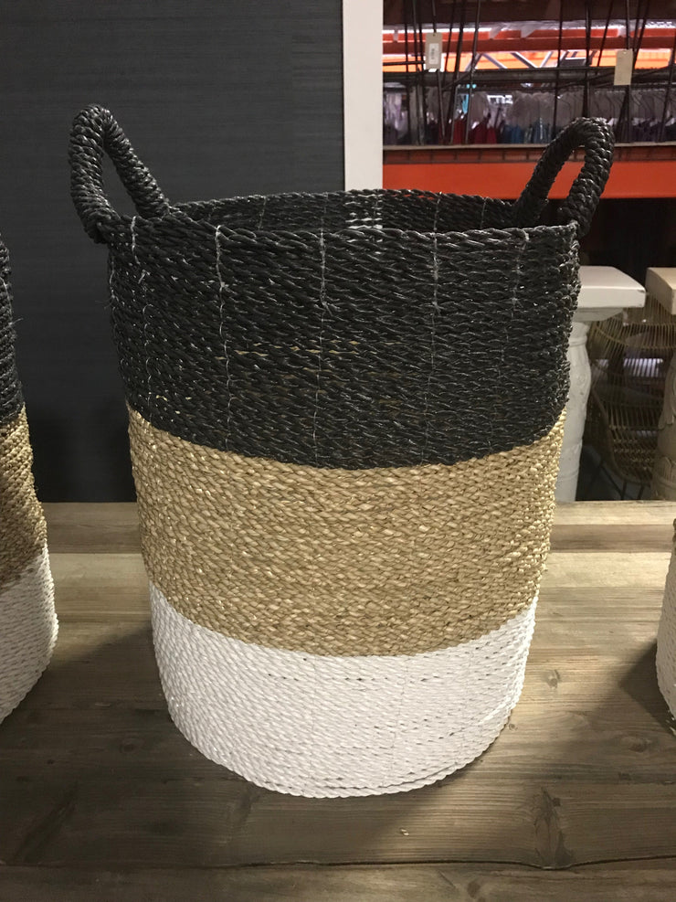 Black, White, and Tan Natural Fiber Woven Laundry Basket - Large Size from Four Piece Set