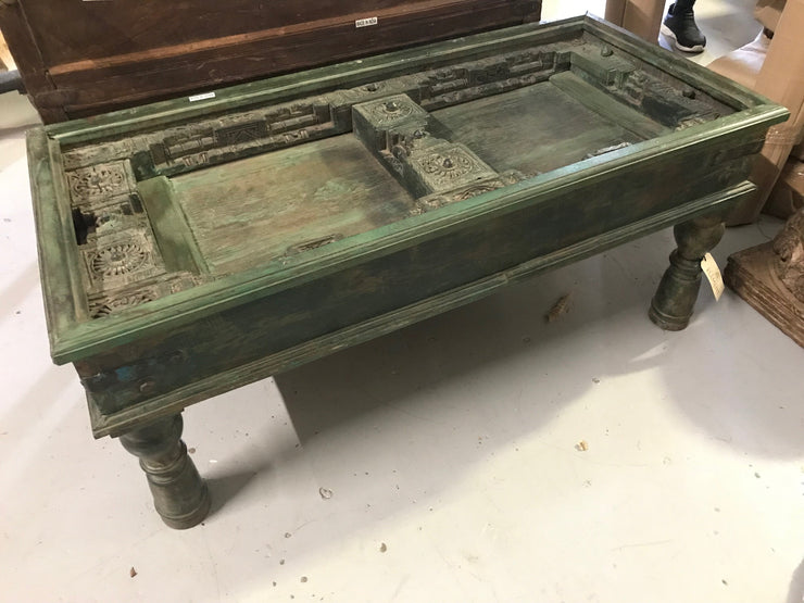 Green Wooden Coffee Table with Clear Top