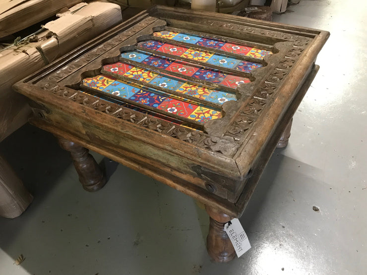 Wooden Side Table with Painting on Top