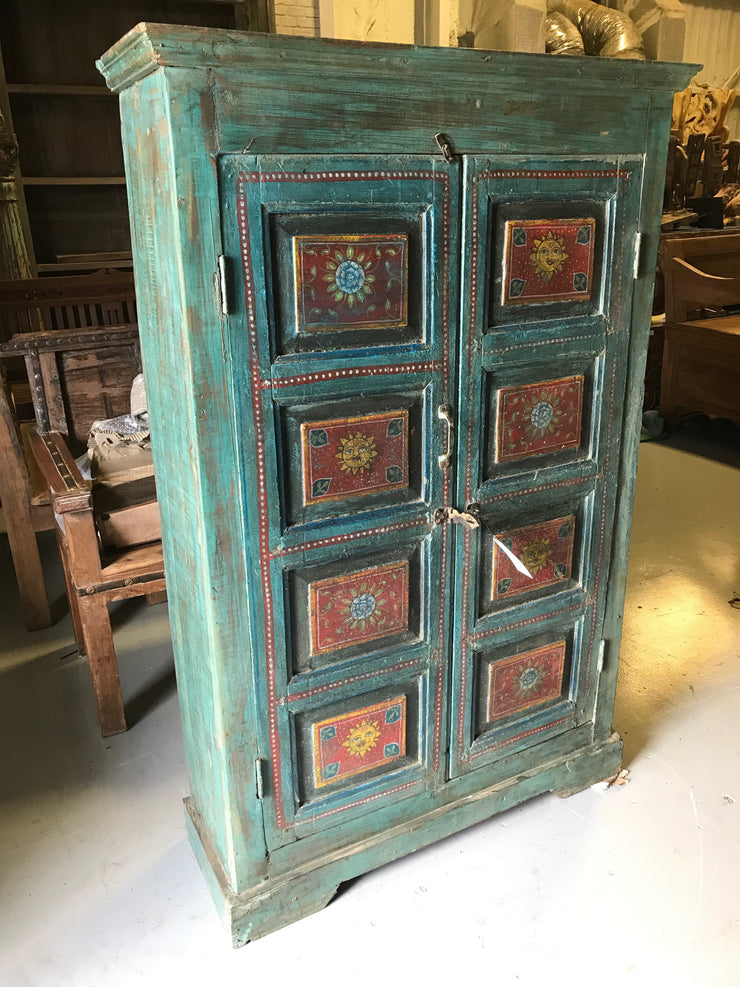 Blue and Red Wooden Almirah Cabinet with Two Doors