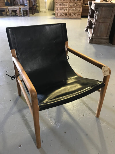 Black Leather and Unfinished Wooden Clement Chair