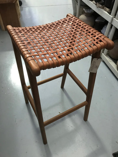 Camel Leather and Unfinished Wooden Woven Barstool