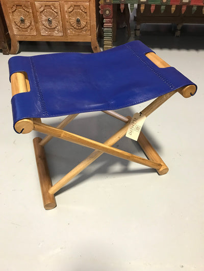 Navy Blue Leather and Unfinished Wooden Luggage Stool